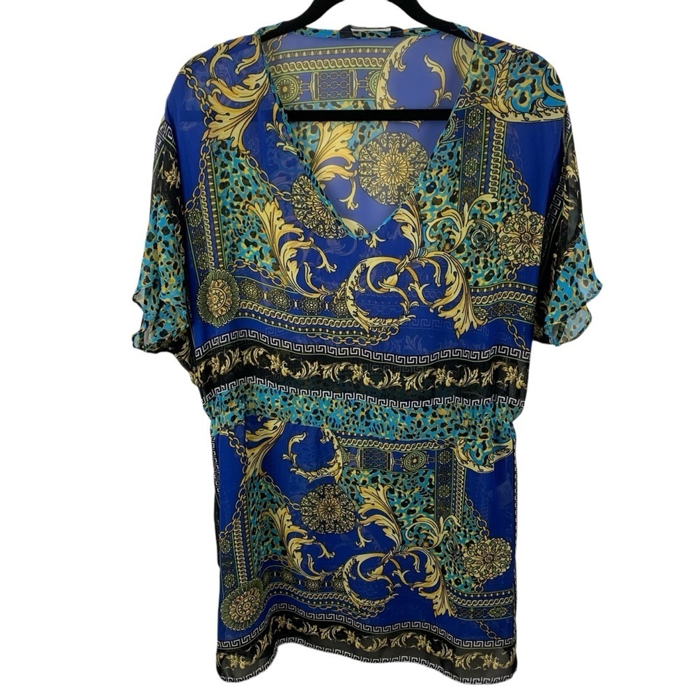 Bianca Nygard Beach Cover Up Royal Blue Gold Grecian Versace-Inspired sz L/XL
